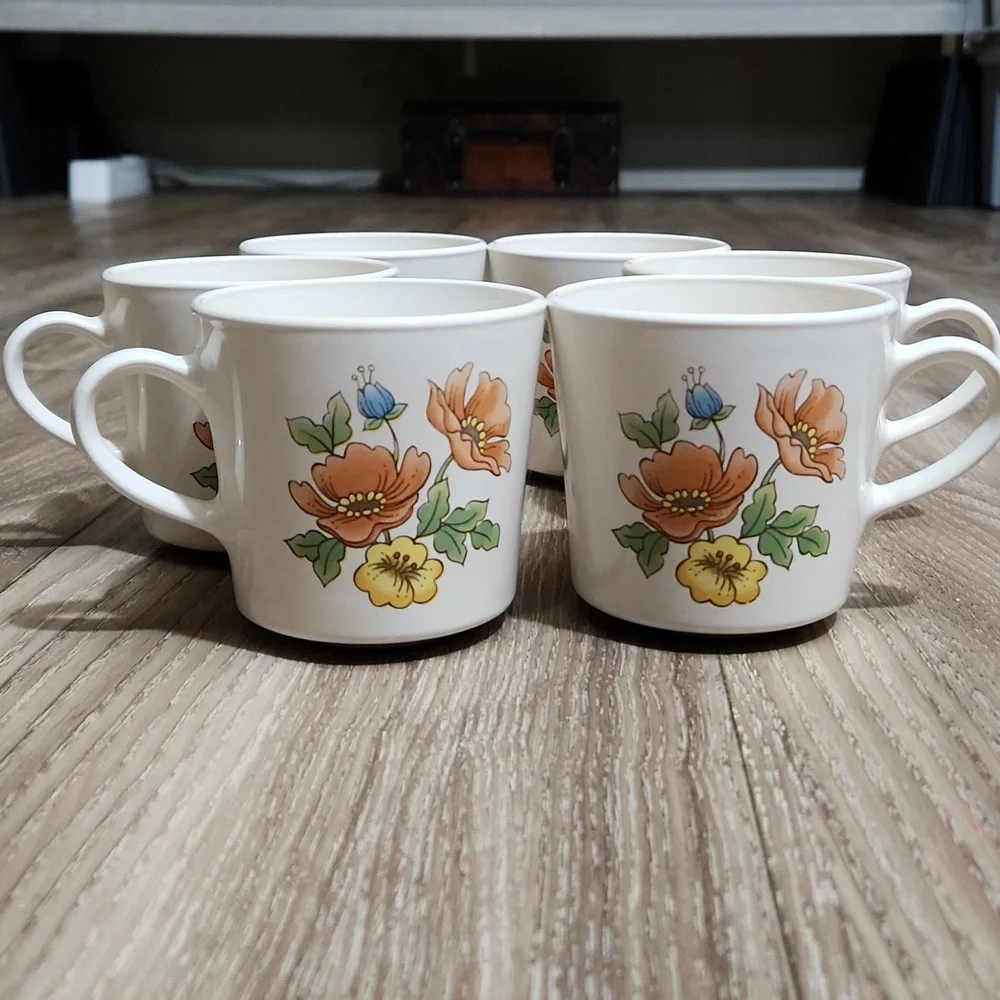 70's Corning Cornerstone Vintage Royal Garden 6 Piece Ceramic Mug Set Floral VTG